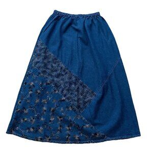 NU Construction USA Patchwork Embroidered Pull On Denim Skirt XL Cottage Core